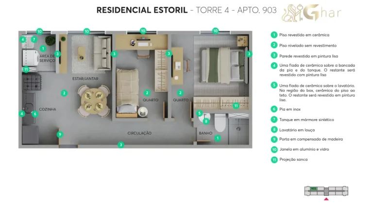 Planta do apartamento torre 4 unidade 903 do Residencial Estoril em Interlagos