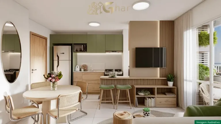 Apartamento decorado do Residencial Ipês com sala, jantar e cozinha integradas