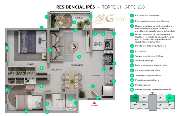 Planta do apartamento Torre 01 Apto 208 do Residencial Ipês em Itaquera