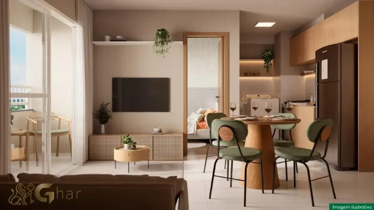 Sala de estar, TV e jantar do apartamento decorado do Residencial Poente Dos Tucanos em Pirituba