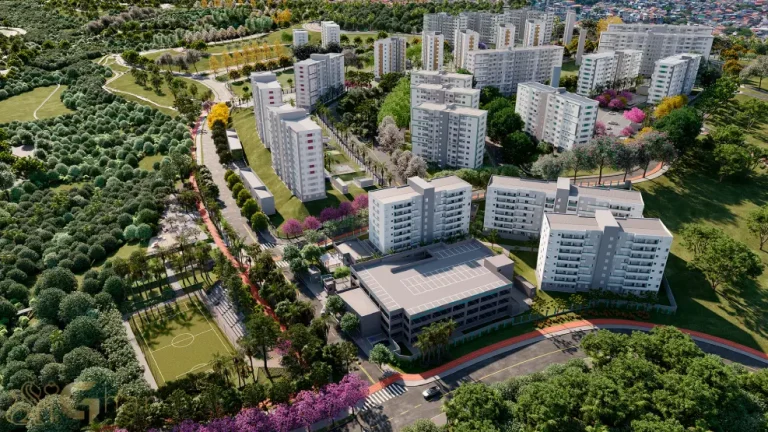 Vista aérea da fachada do Residencial Poente Dos Tucanos em Pirituba, São Paulo