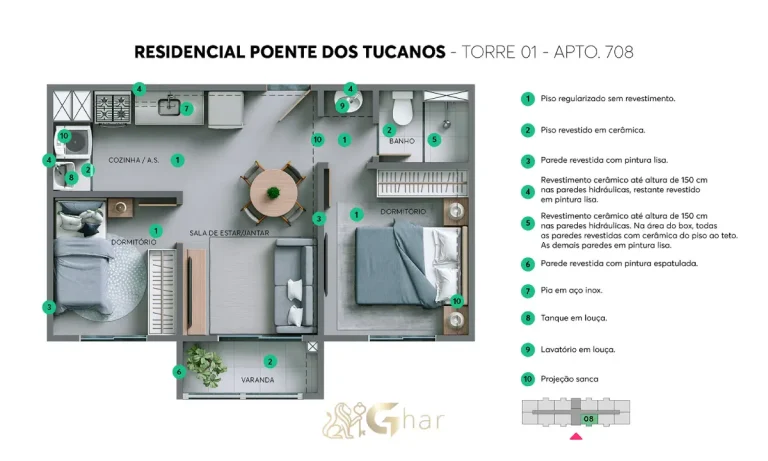 Planta do apartamento Torre 01 Apto 708 do Residencial Poente Dos Tucanos em Pirituba