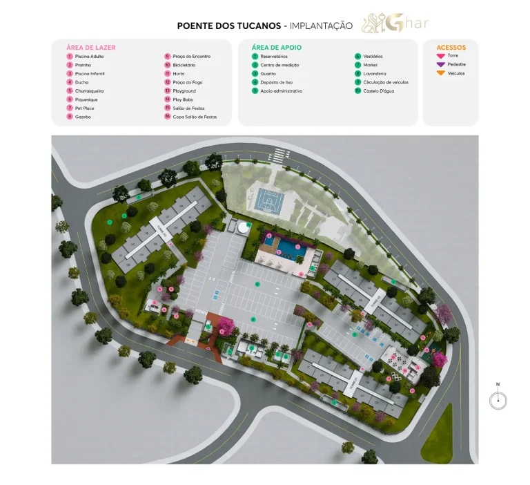Planta de implantação do térreo e lazer do Residencial Poente Dos Tucanos em Pirituba