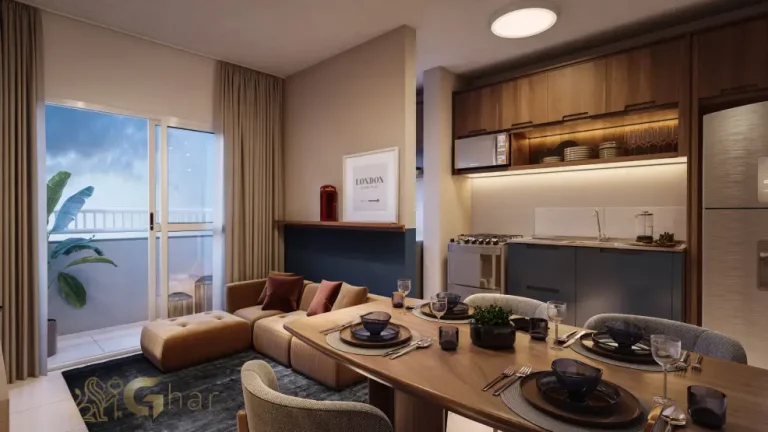 Sala integrada com cozinha do apartamento decorado do Residencial Silverstone em Interlagos