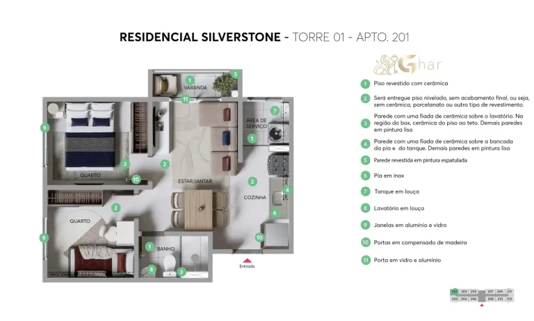 Planta do apartamento do Residencial Silverstone em Interlagos torre 01 unidade 201