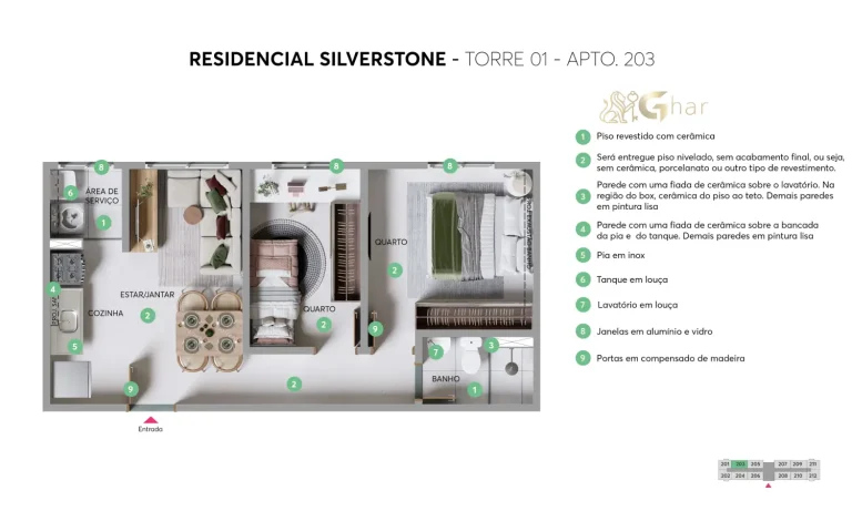 Planta do apartamento do Residencial Silverstone em Interlagos torre 01 unidade 203