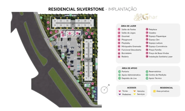 Planta de implantação do térreo com áreas de lazer do Residencial Silverstone em Interlagos