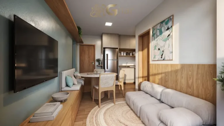 Sala de estar, TV e jantar do apartamento decorado Saint Rose em Sapopemba