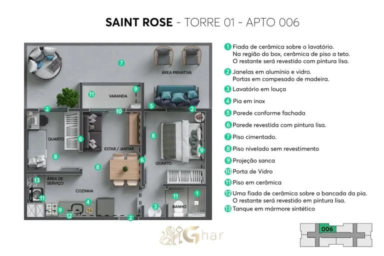 Planta do apartamento Saint Rose torre 1 unidade 006 em Sapopemba