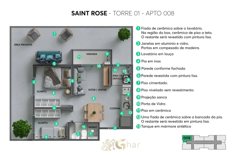 Planta do apartamento Saint Rose torre 1 unidade 008 em Sapopemba
