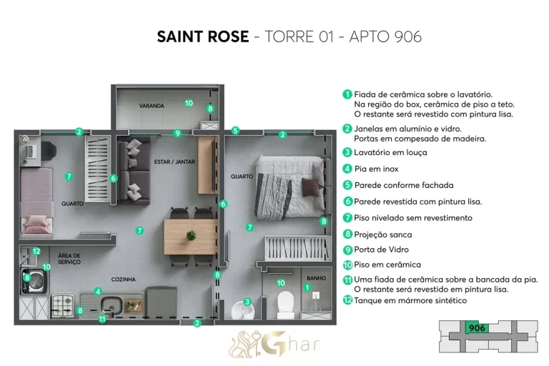Planta do apartamento Saint Rose torre 1 unidade 906 em Sapopemba