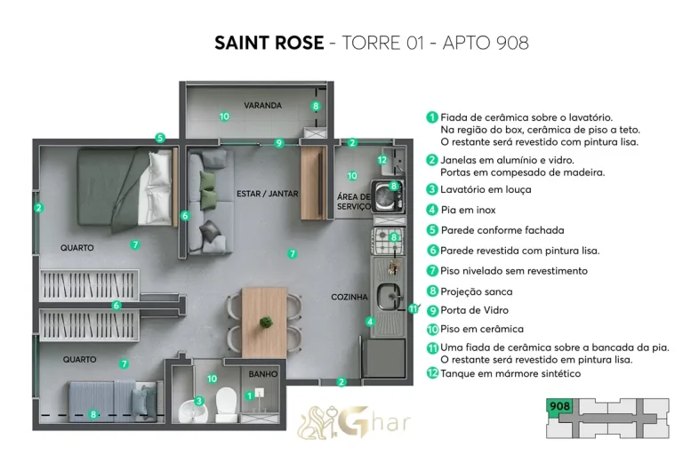 Planta do apartamento Saint Rose torre 1 unidade 908 em Sapopemba com 2 dormitórios