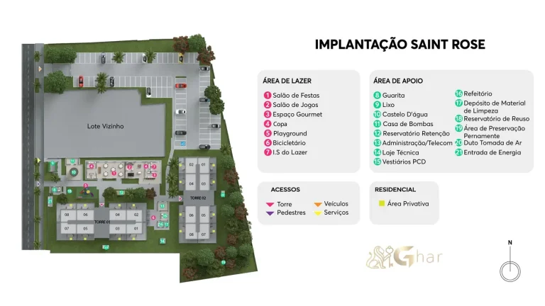 Implantação do térreo com áreas de lazer do condomínio Saint Rose em Sapopemba