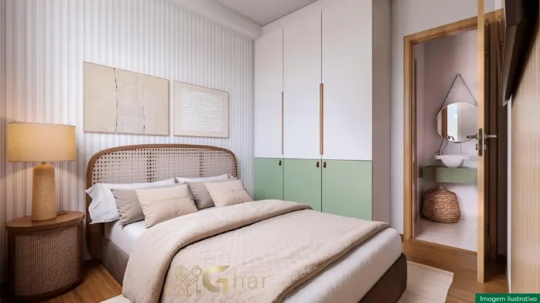 Quarto de casal do apartamento decorado Saint Virginia no Itaim Paulista