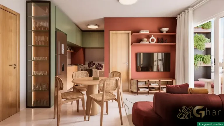 Sala de estar e jantar com TV do apartamento decorado Saint Virginia no Itaim Paulista