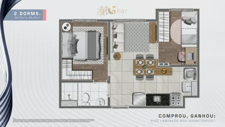 Planta De Apartamento 2 Dormitórios 34,12 A 35,23 m² Silver Lyne Pirituba