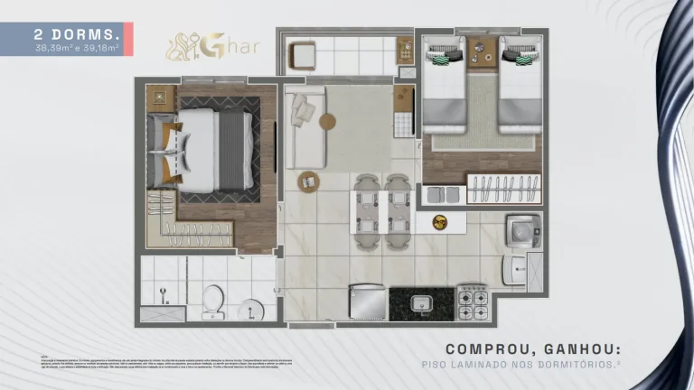 Planta De Apartamento 2 Dormitórios 38,39 A 39,18 m² Silver Lyne Pirituba