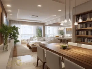 Apartamento decorado do Singular Butantã com sala de jantar e estar integradas