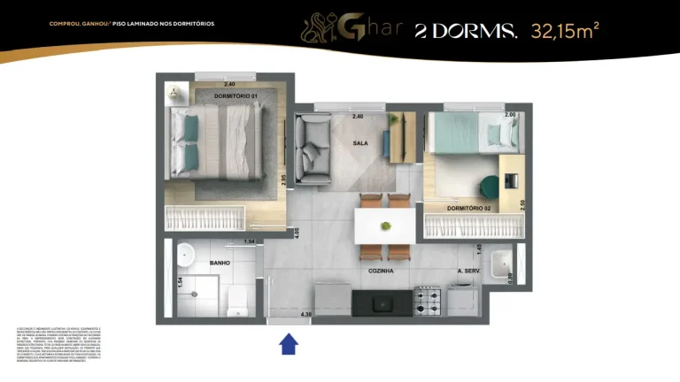 Planta de apartamento 2 dormitórios 32m² do Singular Butantã