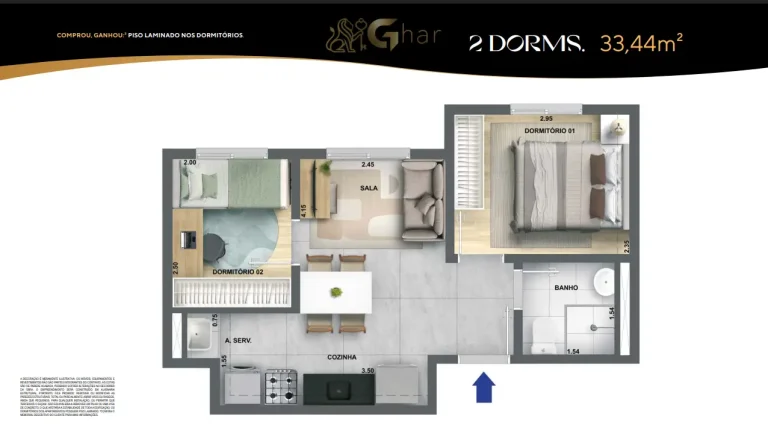 Planta de apartamento 2 dormitórios 33m² do Singular Butantã