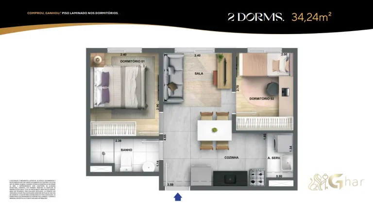 Planta de apartamento 2 dormitórios 34m² do Singular Butantã