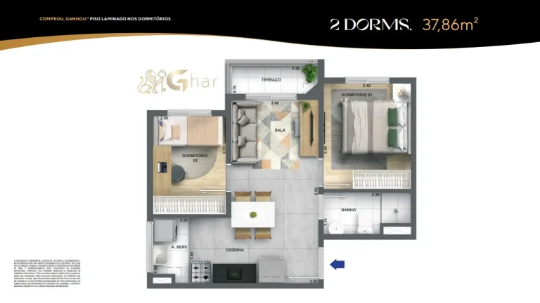 Planta de apartamento 2 dormitórios 37m² do Singular Butantã