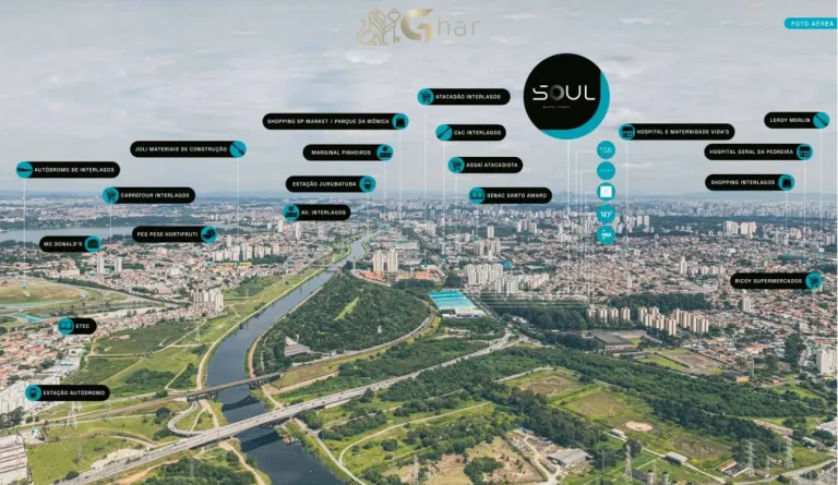 Vista aérea do bairro Interlagos com o condomínio Soul Miguel Yunes em São Paulo