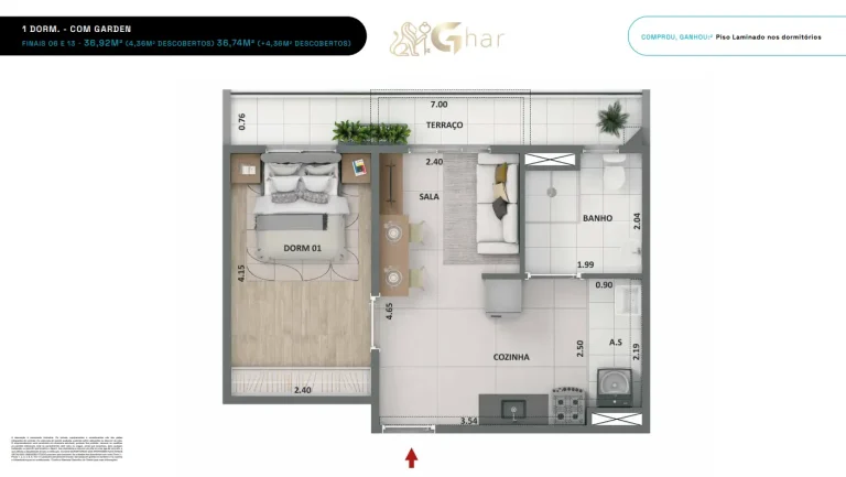 Planta de apartamento garden 1 dormitório no Soul Miguel Yunes Interlagos