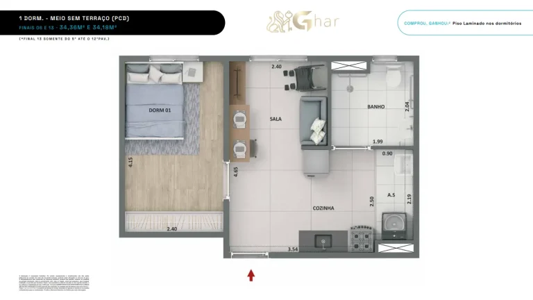 Planta de apartamento 1 dormitório PCD no Soul Miguel Yunes Interlagos