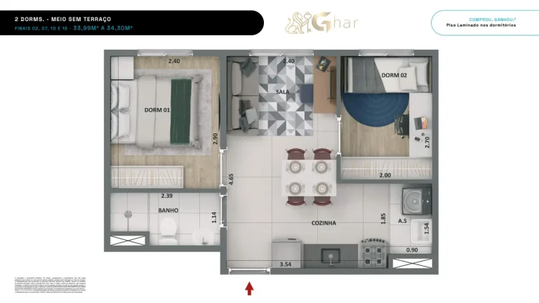 Planta de apartamento 2 dormitórios no Soul Miguel Yunes Interlagos