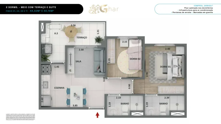 Planta de apartamento 2 dormitórios com suíte e terraço no Soul Miguel Yunes