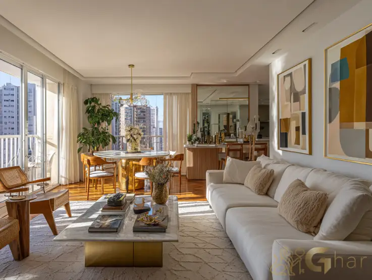 Apartamento decorado do Supreme Anália Franco com sala living e jantar integrados