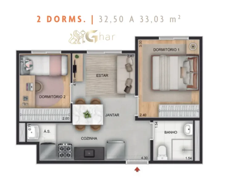 Planta do apartamento de 2 dormitórios do Supreme Anália Franco de 32,50 a 33,03 m²