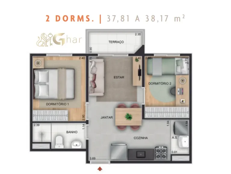 Planta do apartamento de 2 dormitórios do Supreme Anália Franco de 37,81 a 38,17 m²
