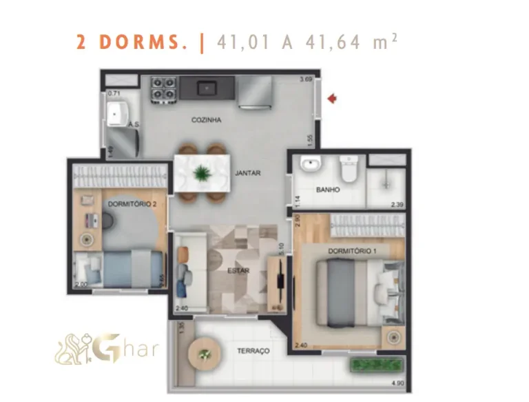 Planta do apartamento de 2 dormitórios do Supreme Anália Franco de 41,01 a 41,64 m²