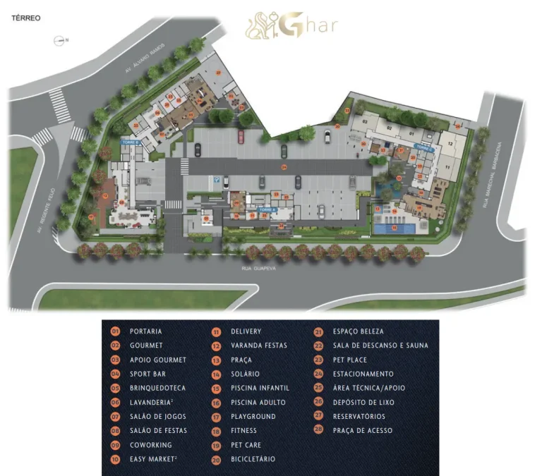 Planta de implantação do térreo e lazer do condomínio Supreme Anália Franco