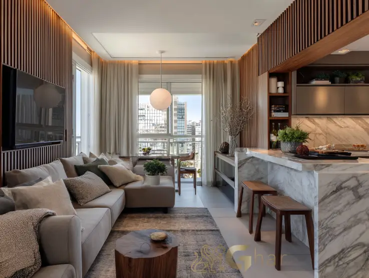 Apartamento decorado do Supreme Vila Romana com sala, cozinha e terraço