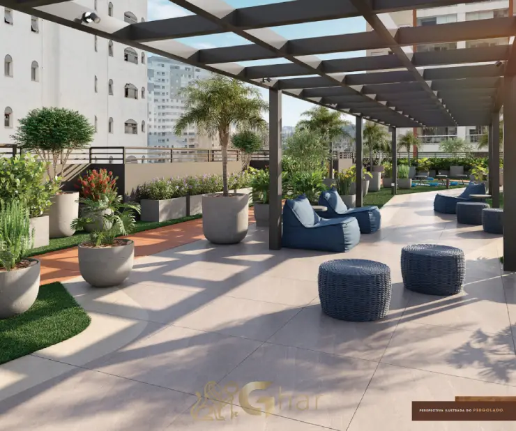 Pergolado do condomínio Supreme Vila Romana com área de descanso ao ar livre