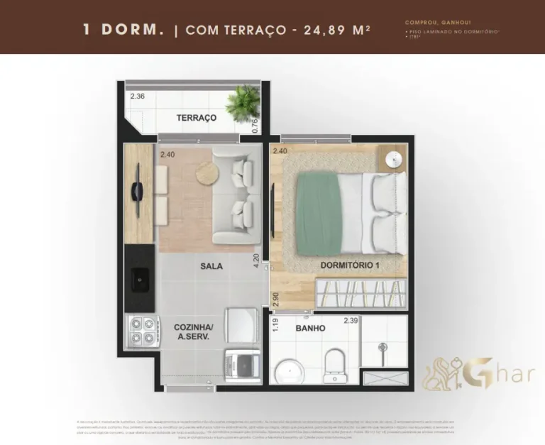Planta de apartamento 1 dormitório com terraço de 24,89 m² no Supreme Vila Romana