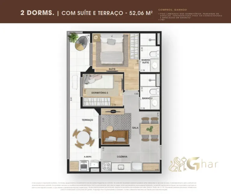 Planta de apartamento 2 dormitórios com suíte e terraço de 52,06 m² no Supreme Vila Romana