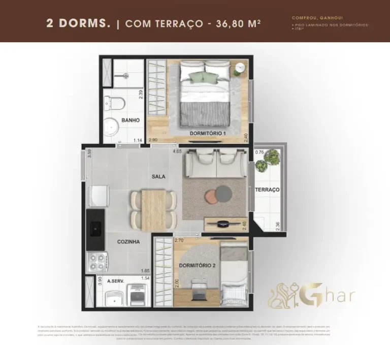 Planta de apartamento 2 dormitórios com terraço de 36,80 m² no Supreme Vila Romana
