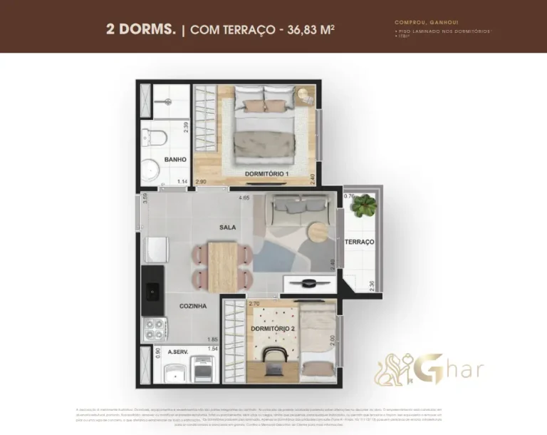 Planta de apartamento 2 dormitórios com terraço de 36,83 m² no Supreme Vila Romana