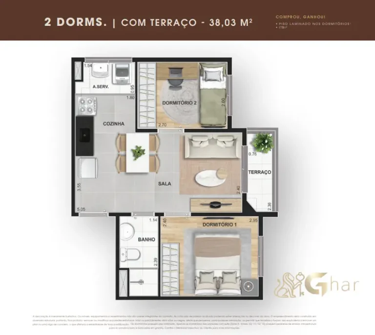 Planta de apartamento 2 dormitórios com terraço de 38,03 m² no Supreme Vila Romana