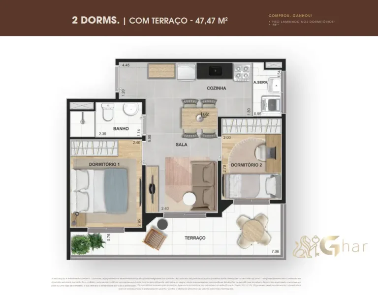 Planta de apartamento 2 dormitórios com terraço de 47,47 m² no Supreme Vila Romana