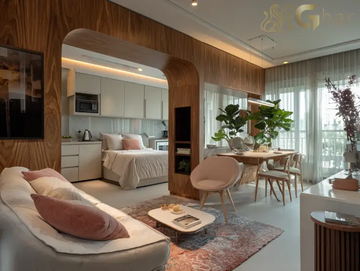 Apartamento decorado do The One Chácara Santo Antônio com integração entre sala e quarto