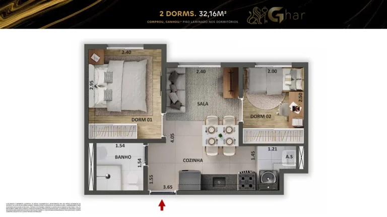 Planta do apartamento de 2 dormitórios com 32,16 m² no The One Chácara Santo Antônio