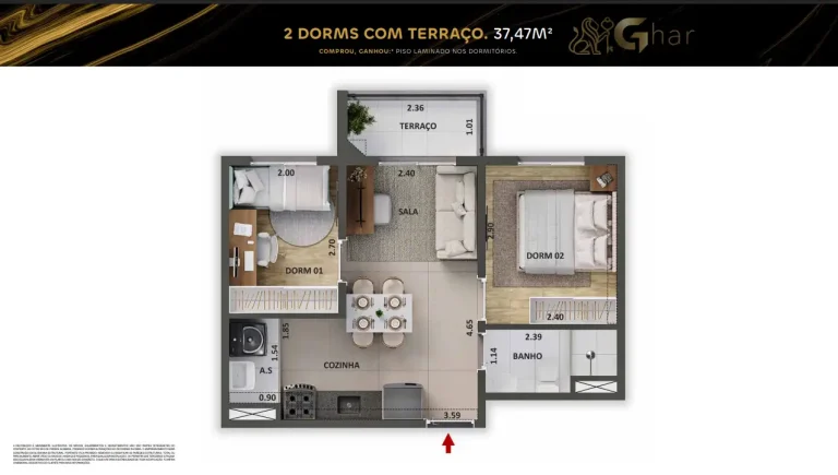 Planta de apartamento 2 dormitórios com terraço e 37,47 m² no The One Chácara Santo Antônio