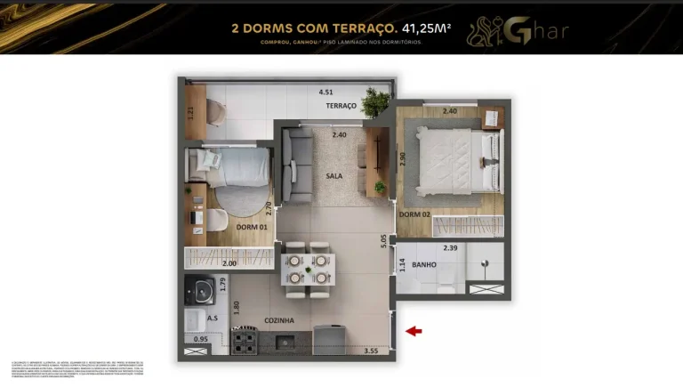 Planta de apartamento 2 dormitórios com terraço e 41,25 m² no The One Chácara Santo Antônio