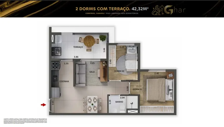 Planta de apartamento 2 dormitórios com terraço e 42,32 m² no The One Chácara Santo Antônio