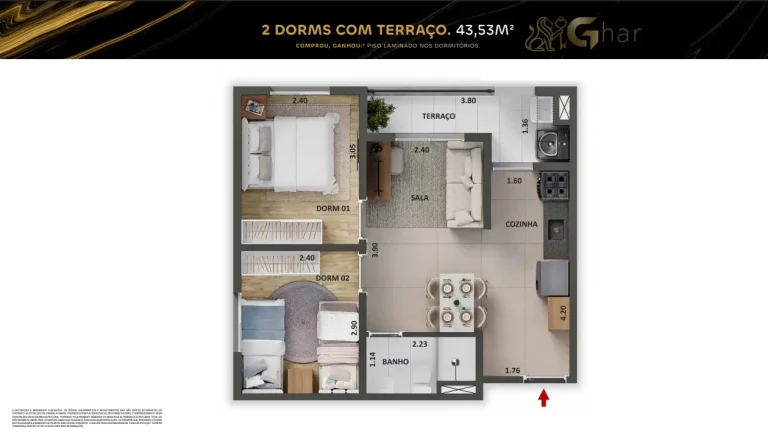 Planta de apartamento 2 dormitórios com terraço e 43,53 m² no The One Chácara Santo Antônio
